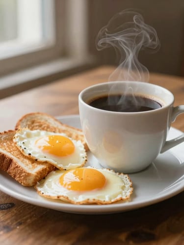Close-up of a steaming hot cup of local coffee next to a freshly prepared breakfast plate with soft eggs and toast on a rustic wooden table, warm morning light, shallow depth of field