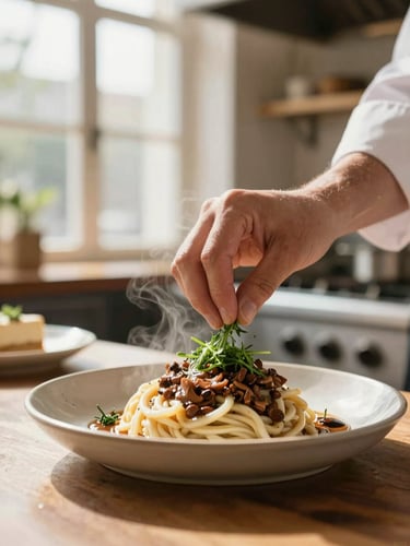 Warm editorial food photography of a chef's hands carefully placing fresh herbs on a steaming dish in a clean, sunlit cafe kitchen, soft background