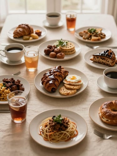 Overhead flatlay of a dining table with a variety of comforting local and Western meals, refreshing drinks, and warm coffee cups, soft shadows, inviting atmosphere