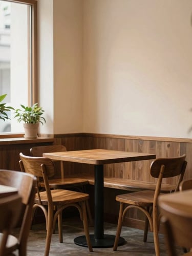 Cozy and empty café corner with warm ambient lighting, wooden chairs, cream walls, potted green plants, soft natural daylight from a side window
