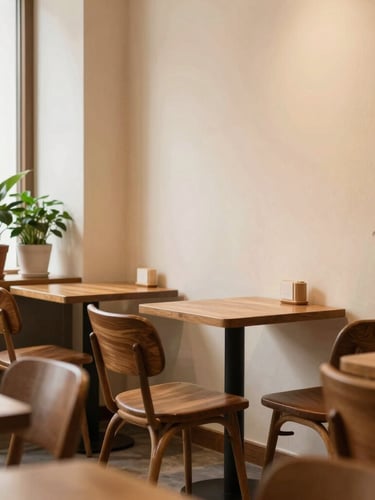 A cozy corner of a modern café with warm ambient lighting, comfortable wooden chairs, cream walls, and green potted plants, soft natural light
