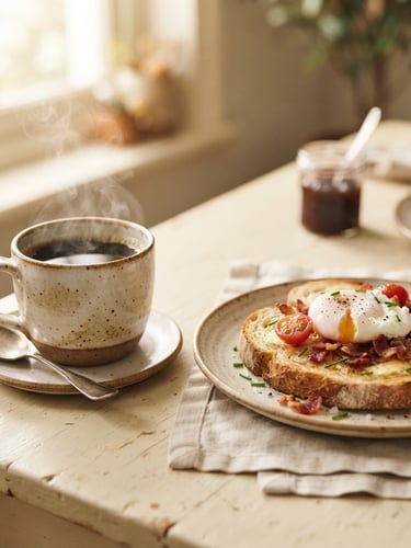 Warm daylight spilling onto a steaming cup of coffee next to a freshly toasted breakfast plate on a cream-colored table, shallow depth of field
