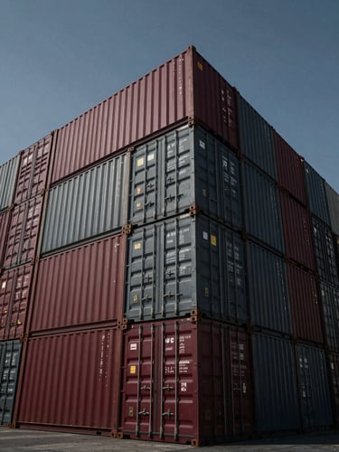 A towering stack of shipping containers in a port yard, deep burgundy and dark gray containers, shot from a low angle looking up, dramatic clear sky.