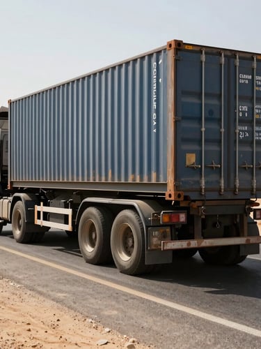 Heavy-duty flatbed truck carrying a shipping container on a sunlit Egyptian desert highway, high contrast, sharp metallic textures.