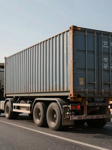 A heavy-duty flatbed truck carrying a massive shipping container on an Egyptian highway, harsh direct afternoon sun casting sharp geometric shadows, high-contrast, structural feel.