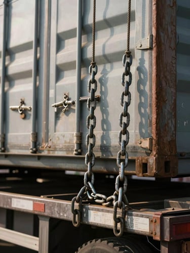 Close-up macro shot of heavy cargo rigging and steel chains securing a container to a flatbed truck, harsh afternoon sun, high contrast.