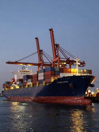 Wide-angle panoramic shot of a massive container ship docked at Damietta port during twilight, harsh metallic textures of cargo cranes highlighted by amber harbor lights, dark water reflecting the deep red hull.