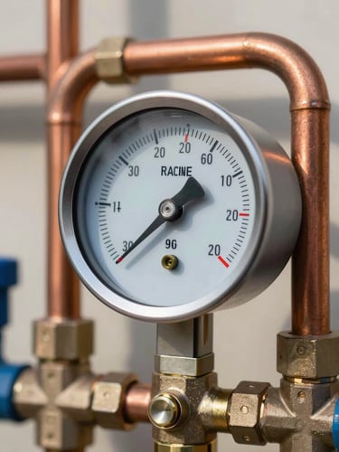 High-contrast macro shot of a modern HVAC manifold gauge, crisp digital readout displaying pressure metrics, copper lines with immaculate 90-degree bends in the background, sharp natural daylight.
