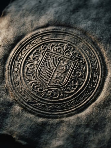 Macro photograph of an official corporate registry seal embossed on heavy parchment paper, dramatic low-key side-lighting with deep shadows, desaturated slate tones, 35mm lens.