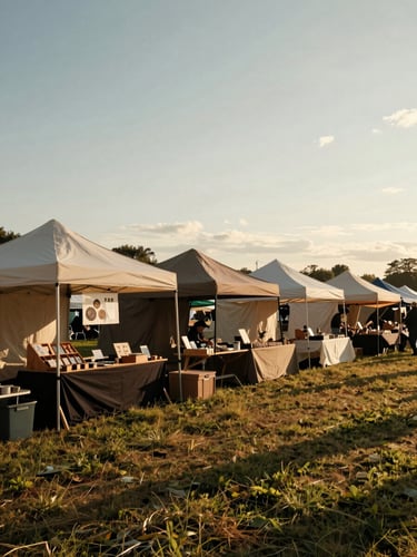 Wide environmental shot of Croom market stalls from across the field at golden hour, canvas tents in a row, wooden tables with goods, quiet and unhurried, no people visible, warm late-day light stretching long shadows