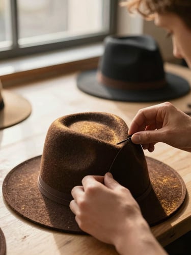 Close-up of hands working with felt on a 3D-printed hat block in a modern hat-making workshop, warm dramatic side-lighting, rich dark brown and gold tones, shallow depth of field.