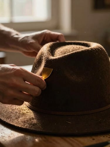 Close-up of hands working with felt on a 3D-printed hat block, warm dramatic side-lighting, rich dark brown and gold tones, shallow depth of field.