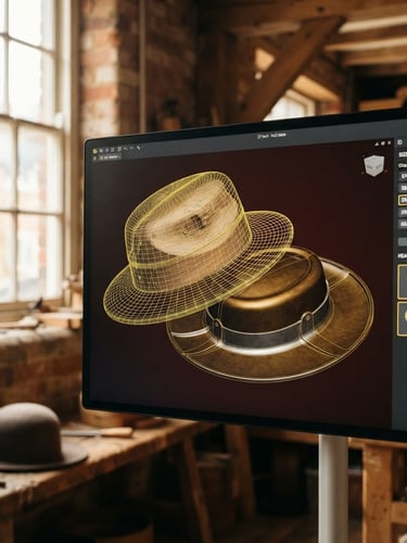 High-fidelity 3D CAD render of a hat block and hat plate, showing wireframe and solid forms, with size and head shape selectors on a clean UI, dramatic workshop window light, rich dark brown and gold tones, shallow depth of field.