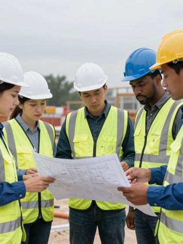 Portrait of a diverse engineering team in high-visibility safety gear, reviewing blueprints on a job site, overcast daylight, sharp focus, cool slate and blue tones.