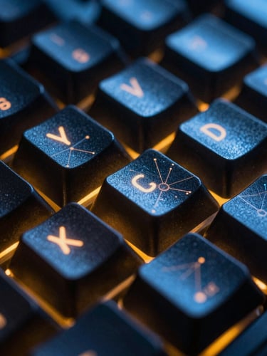 Macro close-up of a dark mechanical keyboard with amber glowing keycaps, low-key technical photography, 35mm