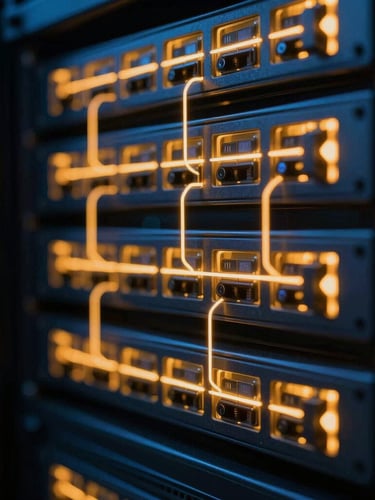 Macro photograph of server rack indicators, low-key neon amber and blue lighting, technical network visualization, 35mm lens