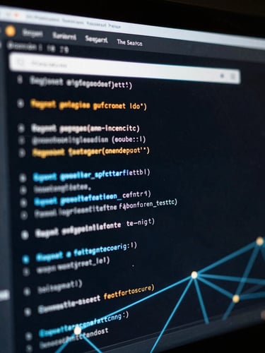 Clean UI screenshot of a command-line interface showing search queries and data nodes, dark technical photography, low-key neon blue and amber highlights