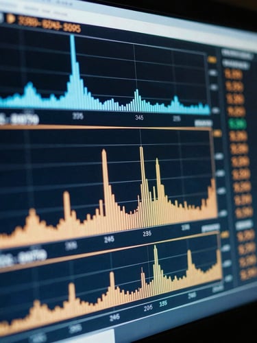 Macro close-up of a glowing terminal screen showing real-time order-flow depth charts and delta volume bars, cool blue and warm amber lighting, 35mm