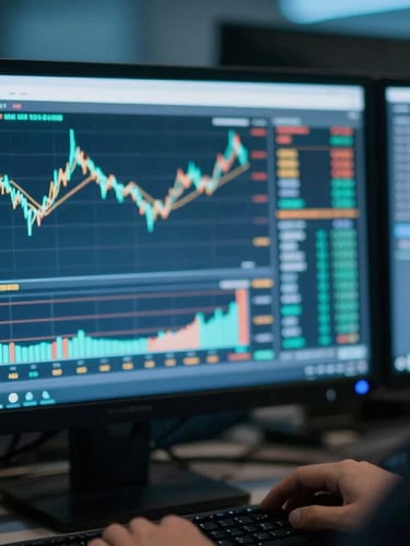 Over-the-shoulder shot of a focused trader analyzing a clean technical chart on a glowing terminal screen in low ambient light, cool blue tones, shallow depth of field, 35mm