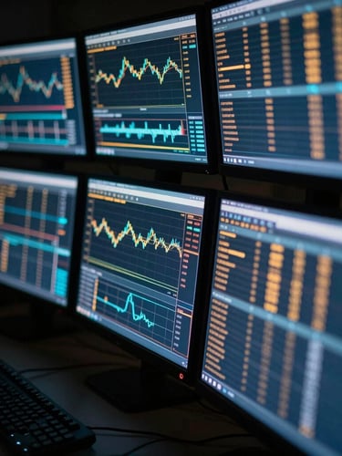 Close-up on a high-performance multi-monitor trading setup in low ambient light, glowing terminal screens displaying technical charts and order books, cool blue and amber tones, shallow depth of field, 35mm