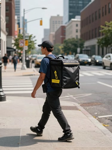 Wide angle documentary street shot of a modern courier in Washington DC, carrying a clean black delivery bag near Logan Circle, bright natural daylight, sharp urban focus.