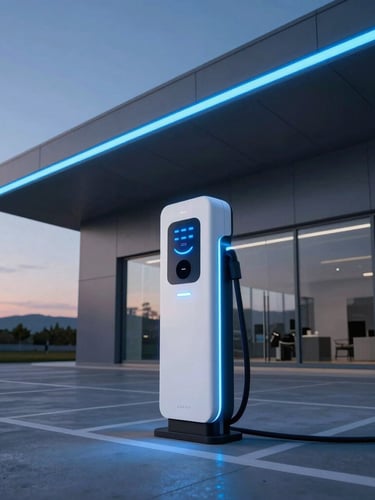 Sleek high-power EV charging terminal at twilight, glowing blue LED indicator lights, sharp architectural lines, wide-angle lens