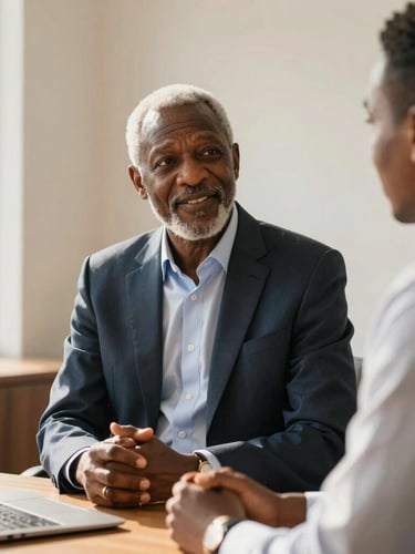 Warm editorial portrait of a senior Nigerian executive mentor speaking with a young professional in a sunlit Lagos office, confident expressions, 35mm lens.