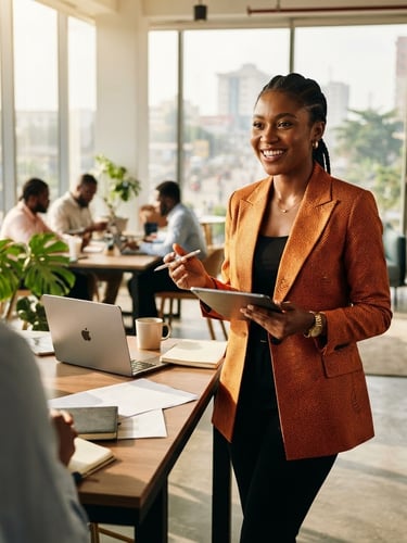 A dynamic environmental portrait of a confident young African businesswoman in a bright, modern Lagos workspace, warm natural sunlight, rich high-contrast tones, 35mm lens