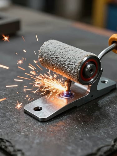 Tight macro photograph of a custom-engineered steel paint roller bracket being welded in a Salem workshop, bright orange sparks flying against dark slate gray metal, raw industrial utility lighting.