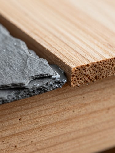 Macro close-up shot of wet slate-gray paint meeting a cedar siding edge with a razor-sharp, zero-drip line, natural overcast Pacific Northwest daylight, high-contrast details.