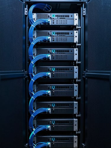 Symmetrical wide shot of high-end server racks with immaculate, clean blue cable management, low-key lighting with sharp cyan accents