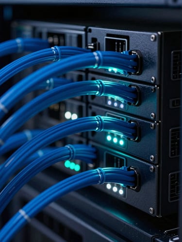 Macro close-up of high-end server rack with clean blue cable management, cool white neon indicator lights blinking, dark technical photography, high contrast