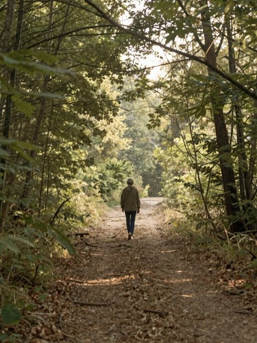 A serene outdoor scene of a person walking on a forest path during early morning, soft sun rays filtering through trees, natural diffused light, organic tones.
