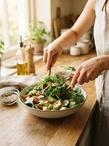 A close-up shot of hands preparing a fresh green salad with avocado and seeds in a sunlit kitchen, soft natural daylight, warm editorial 35mm photography.