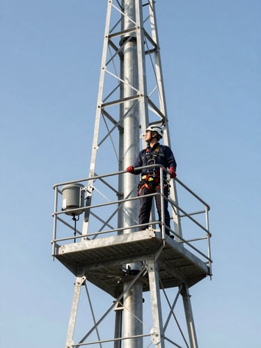 Portrait shot of an EIG Wireless technician in full PPE, helmet, and harness, standing confidently on a cell tower platform, looking out over a wide, clear Carolina sky. Crisp daylight, high-contrast steel and sky tones, wide-angle architectural framing.