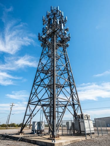 Low-angle industrial editorial photograph of a modern cell tower against a crisp daylight sky, with high-contrast steel and signal blue tones, wide-angle architectural framing.