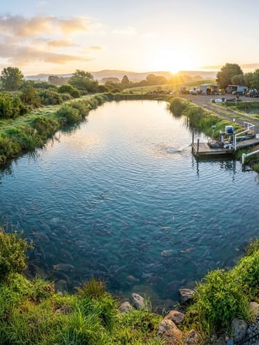 Wide panoramic aquaculture pond at sunrise, clean blue water, healthy fish visible beneath surface, lush green banks, crisp morning light, 50mm lens, sharp focus.