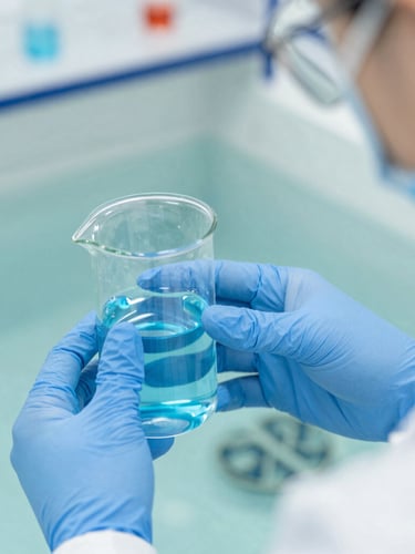 Macro shot of lab technician performing water quality test on aquaculture sample, clear blue liquid in glassware, bright laboratory lighting, sharp focus, clean blue and green tones.