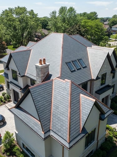 Sharp aerial drone photograph of a newly completed slate-gray residential roof with clean lines under bright midday sun, high detail, 35mm