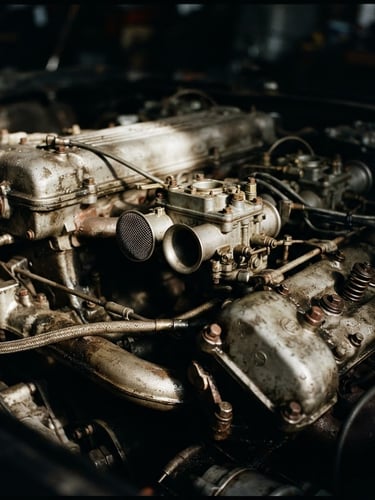Close-up of a classic Italian racing engine, weathered metal, deep shadows, natural high-contrast light, 35mm film grain