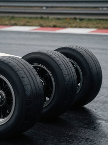Vintage racing car tires on wet asphalt, blurred motion in the background, moody natural light, high-contrast, desaturated metallic tones