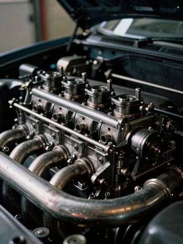 Close-up portrait of a vintage mechanical engine bay, intricate chrome pipes, throttle linkages, grease and oil patina, dramatic high-contrast side lighting from a garage door, moody atmosphere, 35mm film grain.
