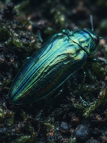 Extreme macro photography of a beetle's iridescent carapace resting on damp moss, cool overcast daylight, high-contrast shadows, 35mm