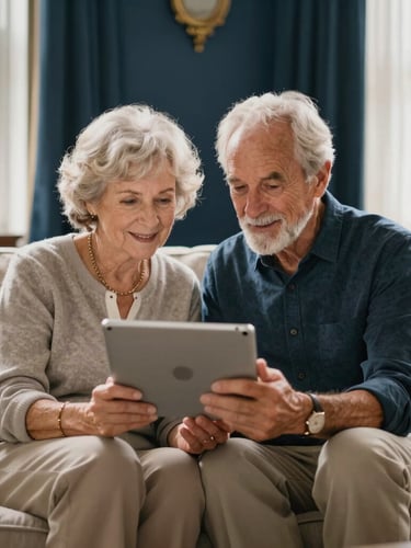 Dignified senior couple sitting on a warm neutral sofa, looking at a tablet together, soft morning window light, rich navy and gold accents in the room decor, editorial photography, shallow depth of field.