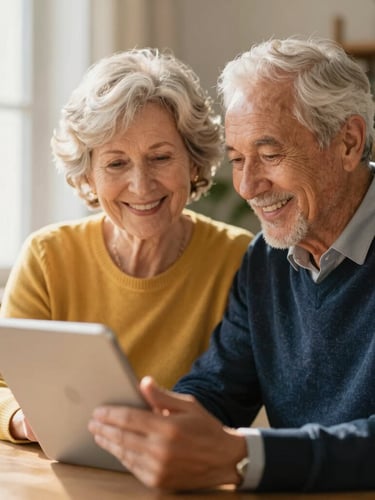 Dignified senior couple in a warm home environment looking at a tablet with a friendly advisor, soft golden light, natural smiles, shallow depth of field