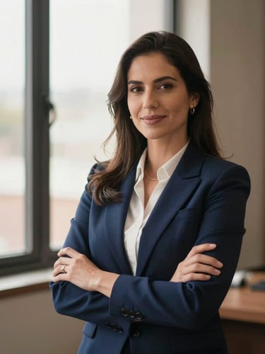Approachability portrait of a professional financial advisor in a sunlit, warm office in Brazil, soft window light, rich navy accents, 35mm photography