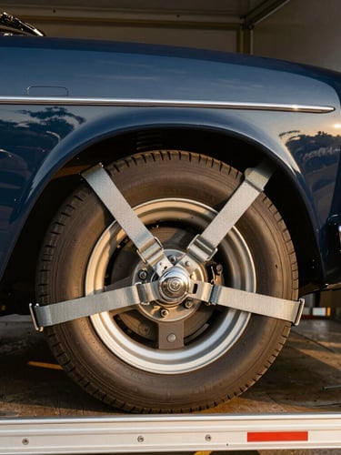 Close-up of a classic vehicle being carefully secured with heavy-duty wheel straps inside an enclosed trailer, warm golden hour lighting, sharp focus
