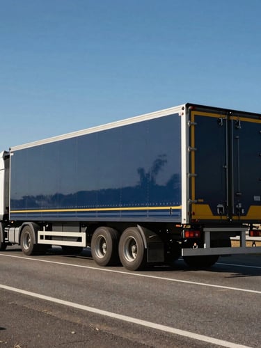 Wide environmental shot of a modern enclosed car carrier truck driving on an open highway during clear daylight, deep blue sky, professional photography