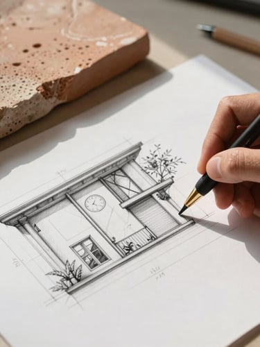 A close-up of a designer sketching architectural details next to a sample of terracotta stone and premium textured paper under morning sunlight