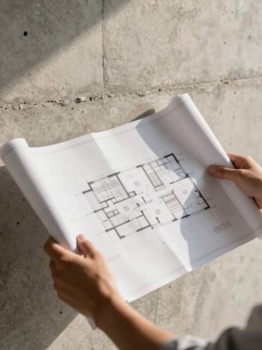 Architectural site inspection, close-up of hands holding a blueprint over a raw concrete wall, warm natural sunlight